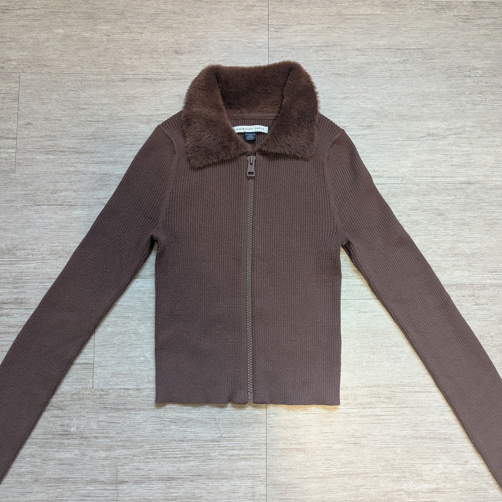 American Eagle Brown Ribbed Zip-Up Jacket with Faux Fur Collar Size XS
